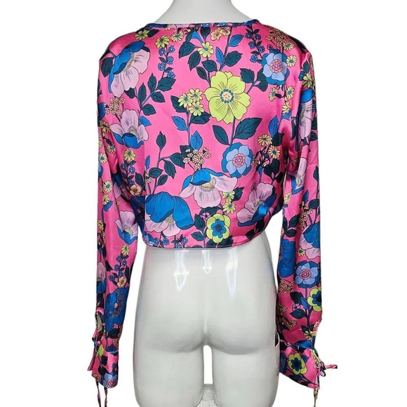 Zara Womens Tie Front Floral Neon Long Sleeve Top Size Small - Picture 3 of 7